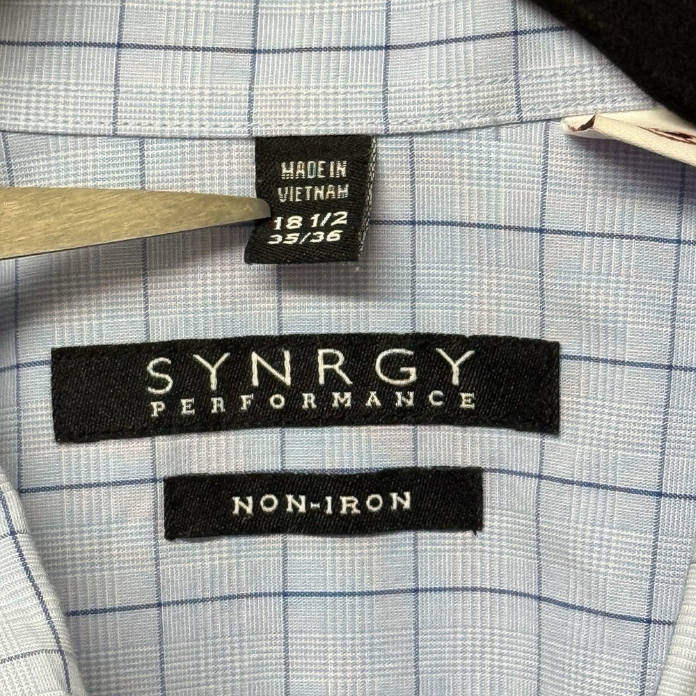 Synergy Performance Mens Dress Shirt 18 1/2 35/36 Long Sleeve Check Non Iron - Picture 2 of 6